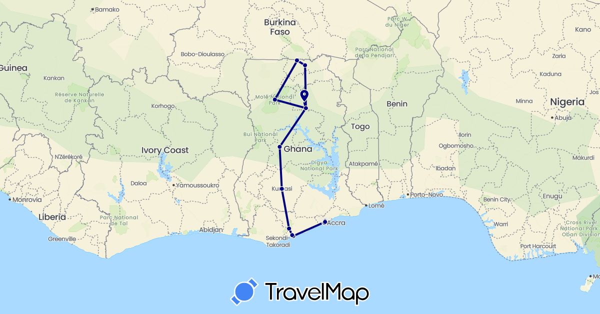 TravelMap itinerary: driving in Ghana (Africa)